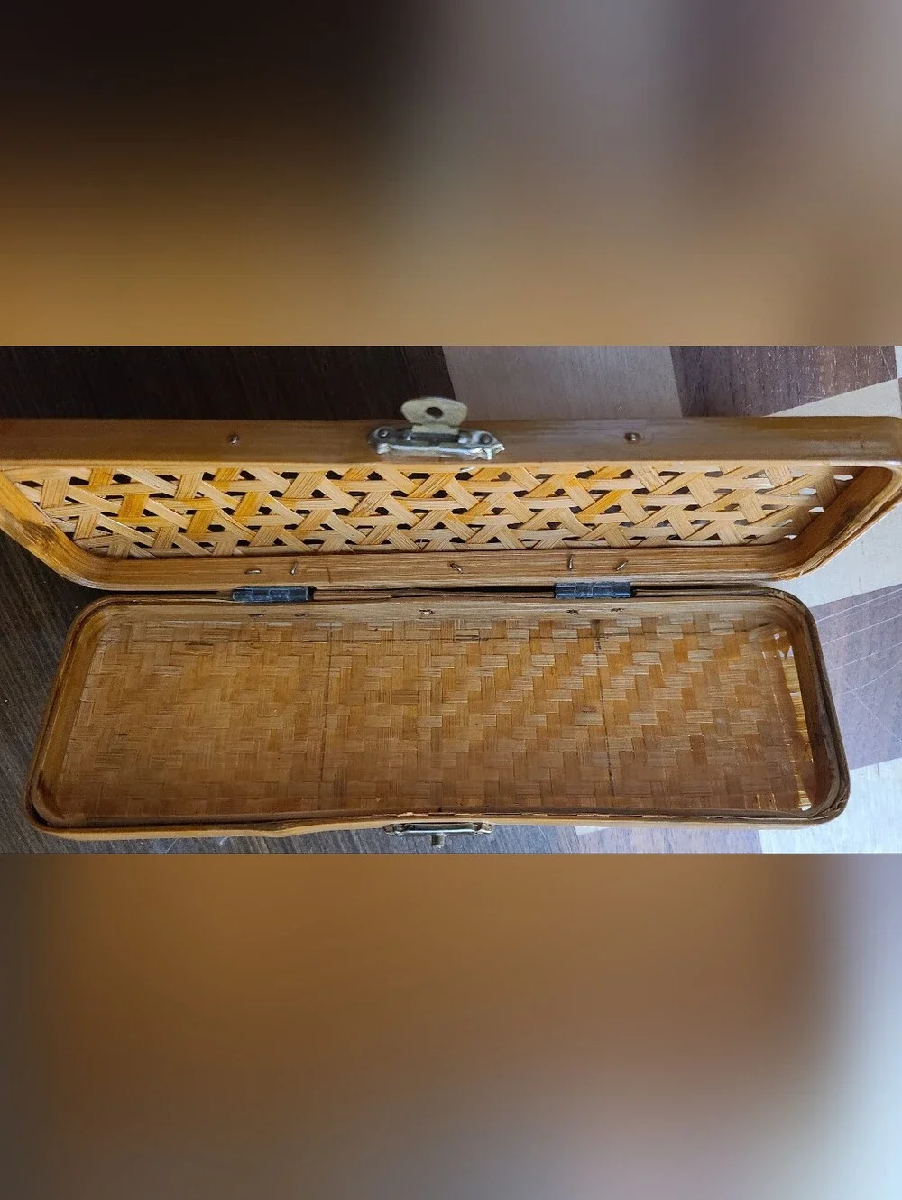 Vintage 50s Japanese Bamboo Pencil Case w/ Brass Lock - Decor Desk Accessory
